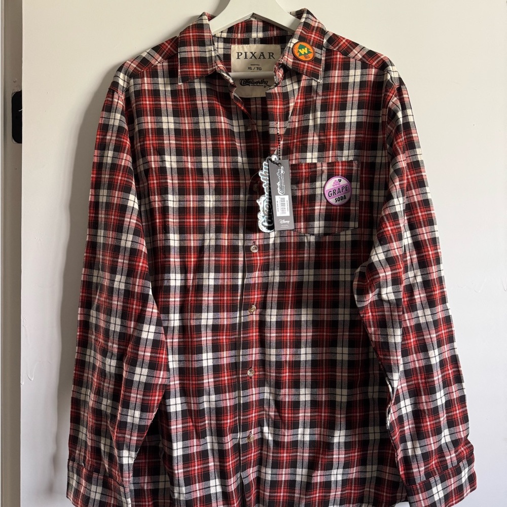 Pixar Men's Red Plaid Casual Button Down Shirt